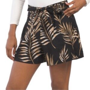 C&C California High Waisted Paperbag Linen Shorts Tropical Leaf Print Tie Waist